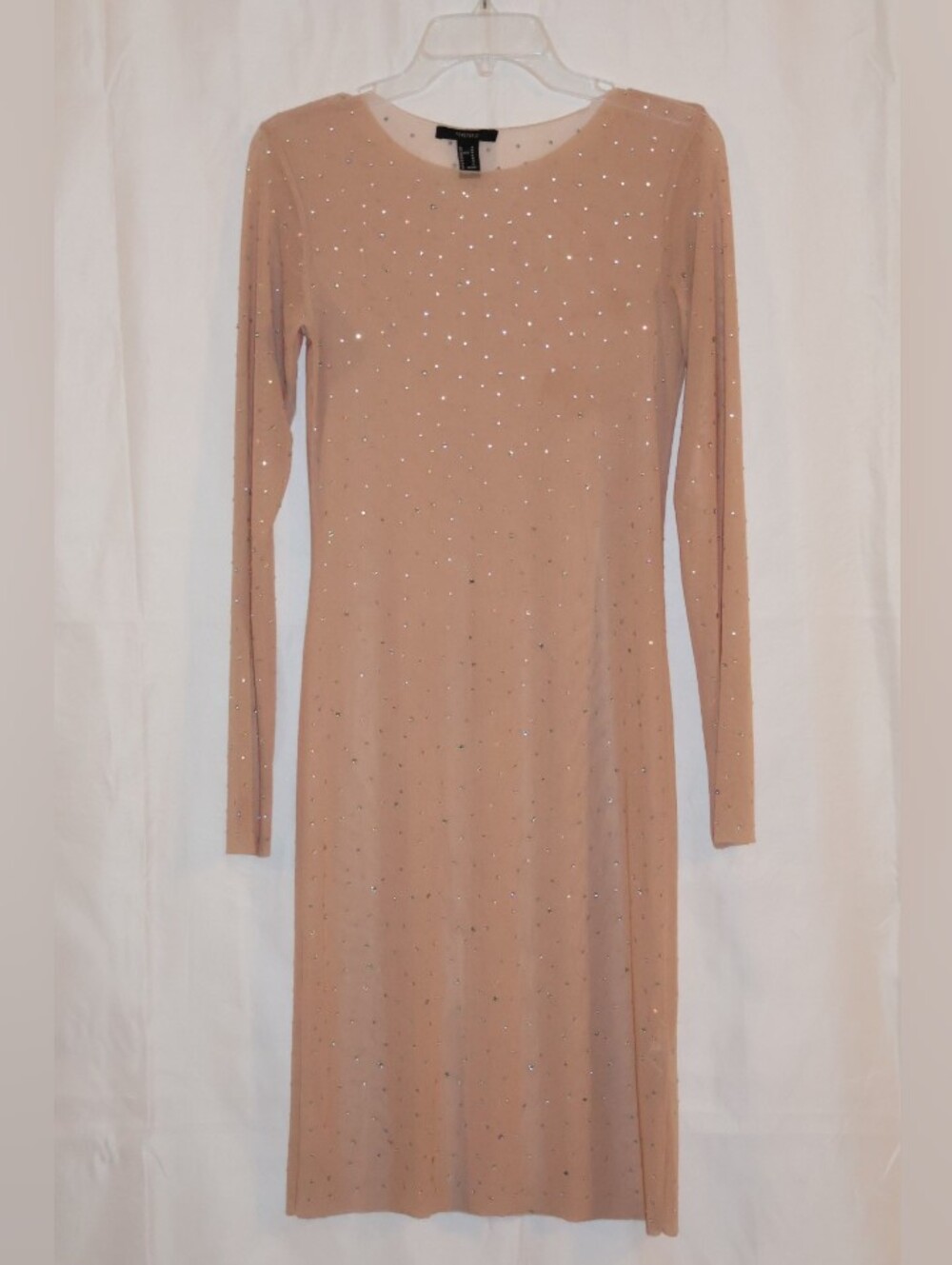 Forever 21 Mesh Rhinestone Embellished Long Sleeve Mini Dress-Nude/Cream.